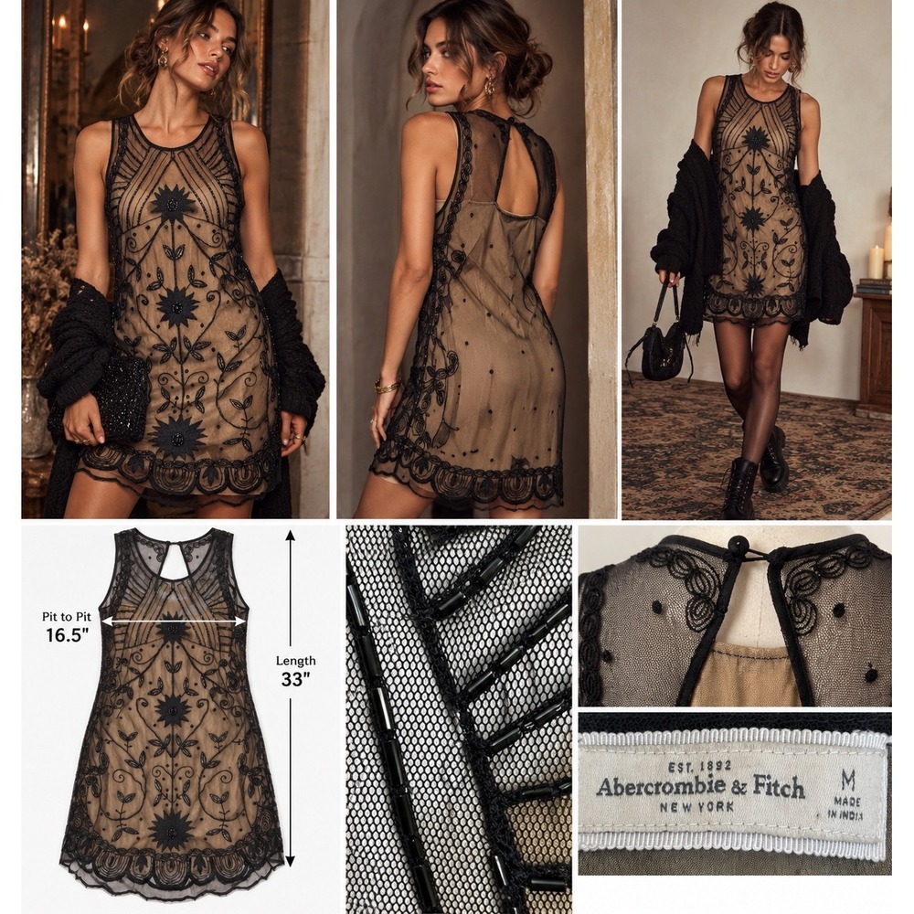 Abercrombie & Fitch Beaded Mesh Mini Dress M Whimsigoth Dark Romantic Embroidery